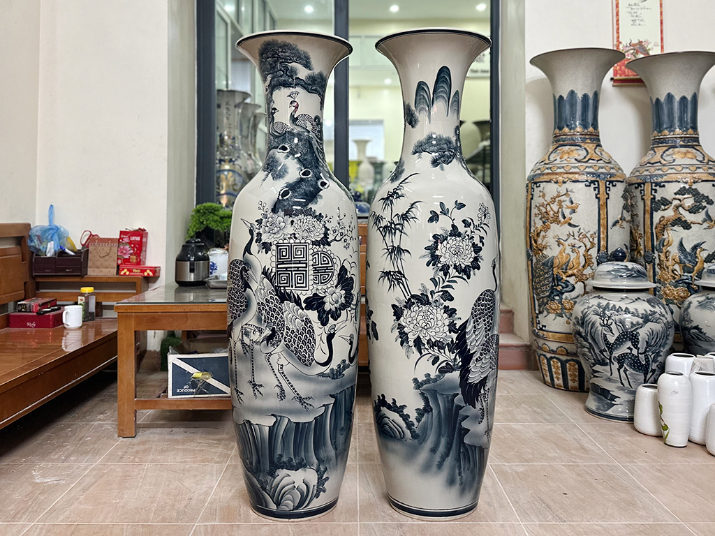 Lọ lộc bình Bát Tràng men chàm Ngũ Phúc vẽ kỹ 1m4 3